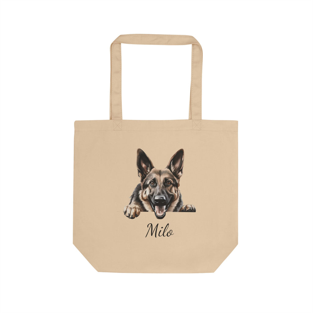 Personalized German Shepherd peeking tote bag with custom dog name