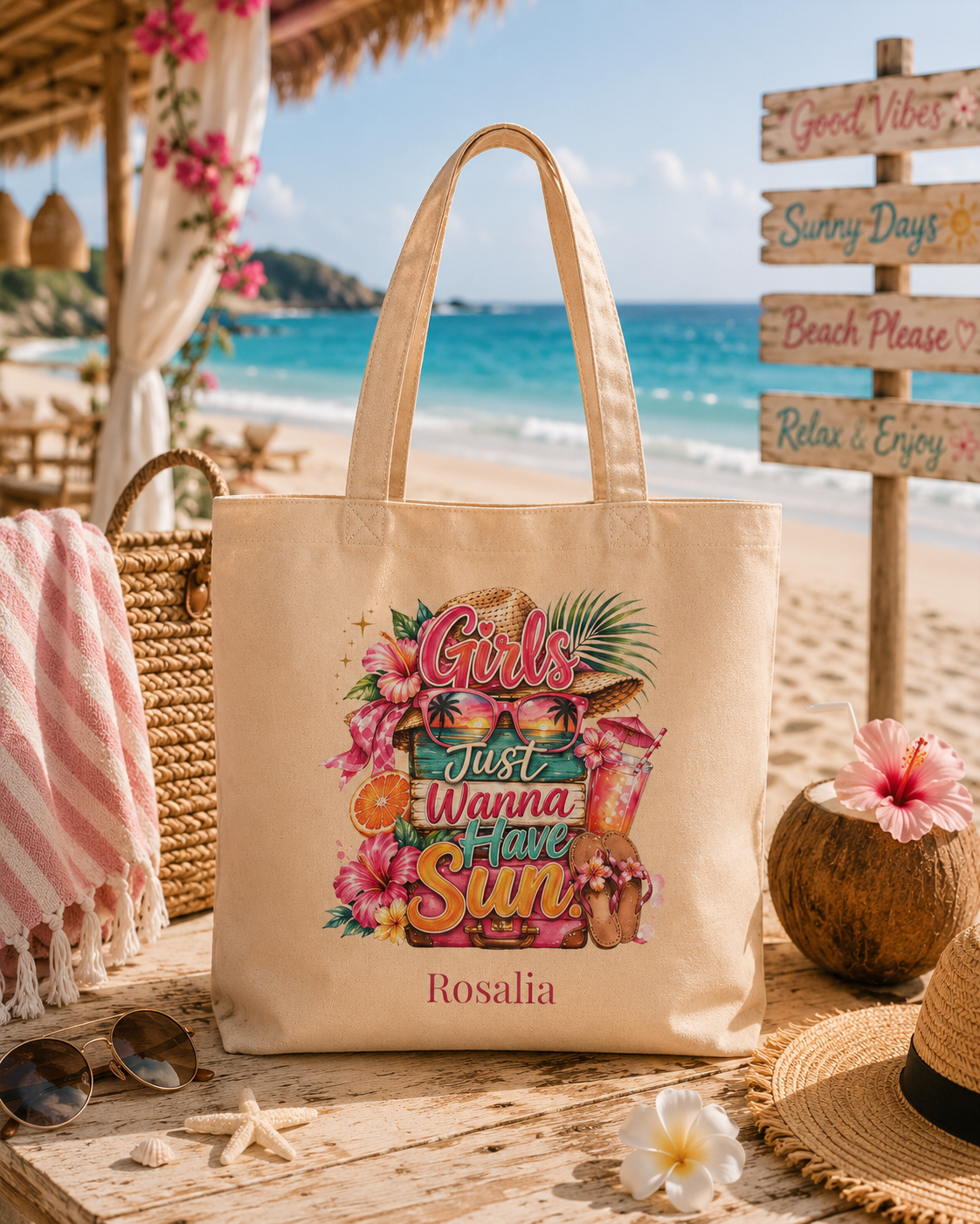 Girls Just Wanna Have Sun tote bag shown flat with size and dimensions reference