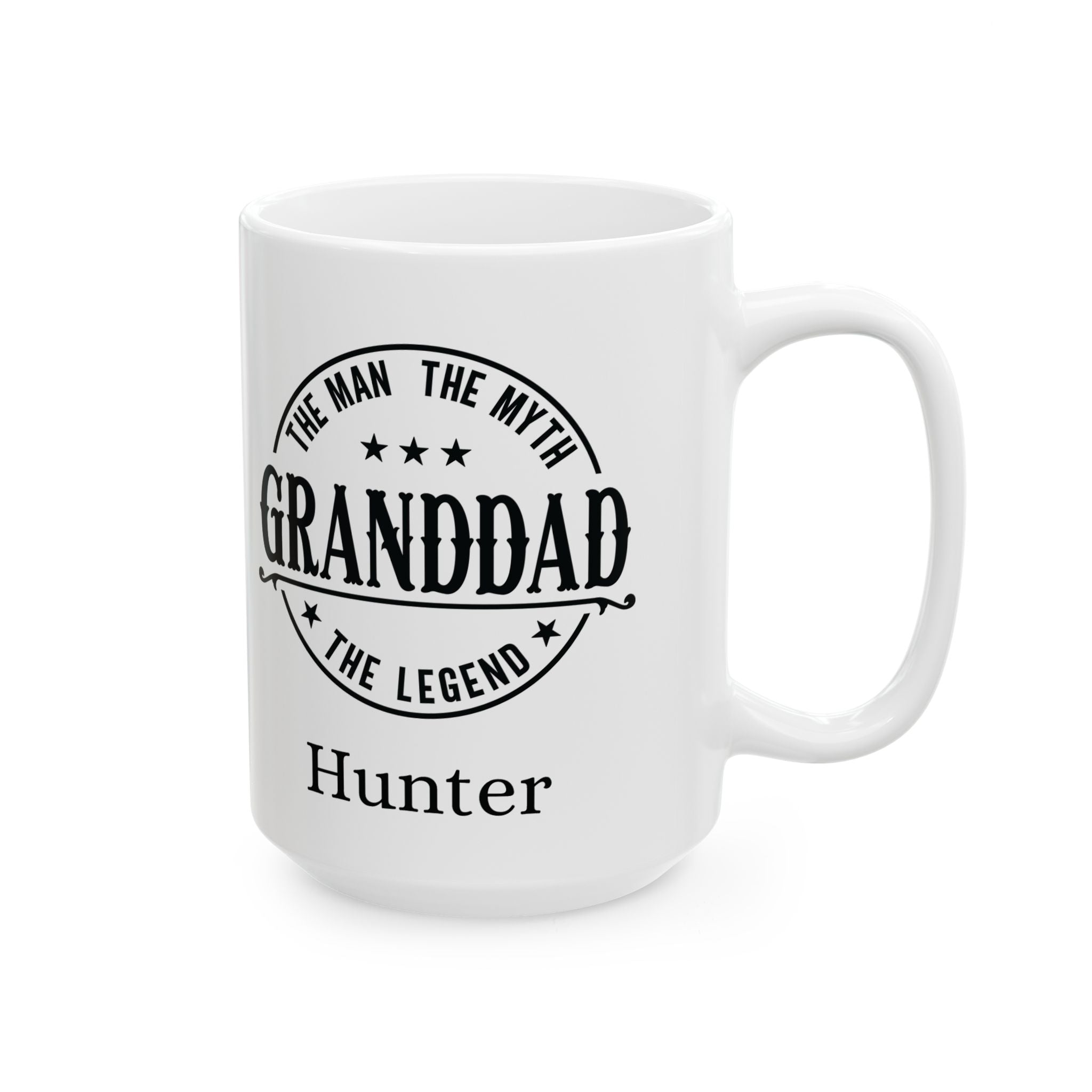 Granddad legend mug lifestyle shot showing name and circular badge typography