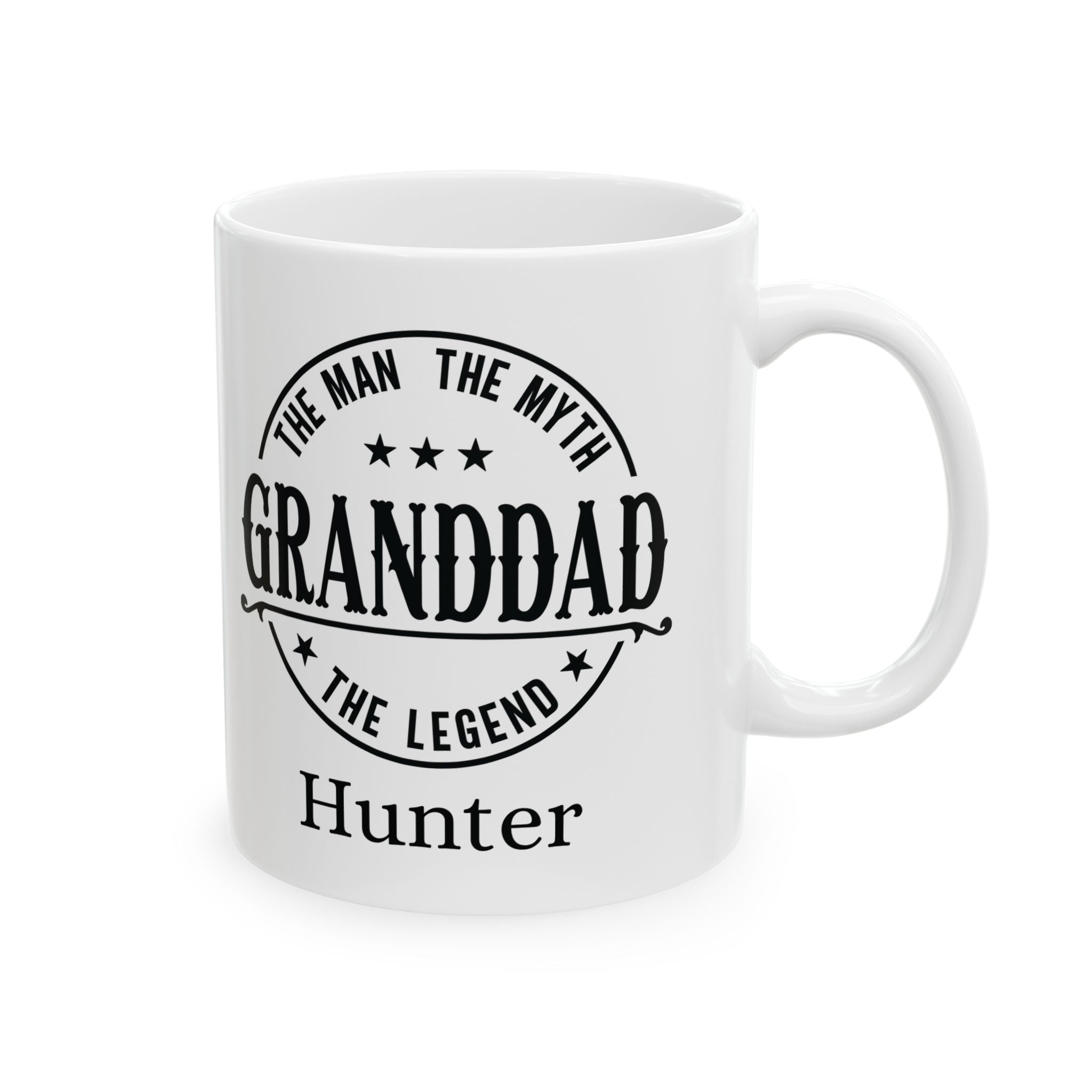 Personalized Granddad The Man The Myth The Legend mug — main shot showing vintage stamp design