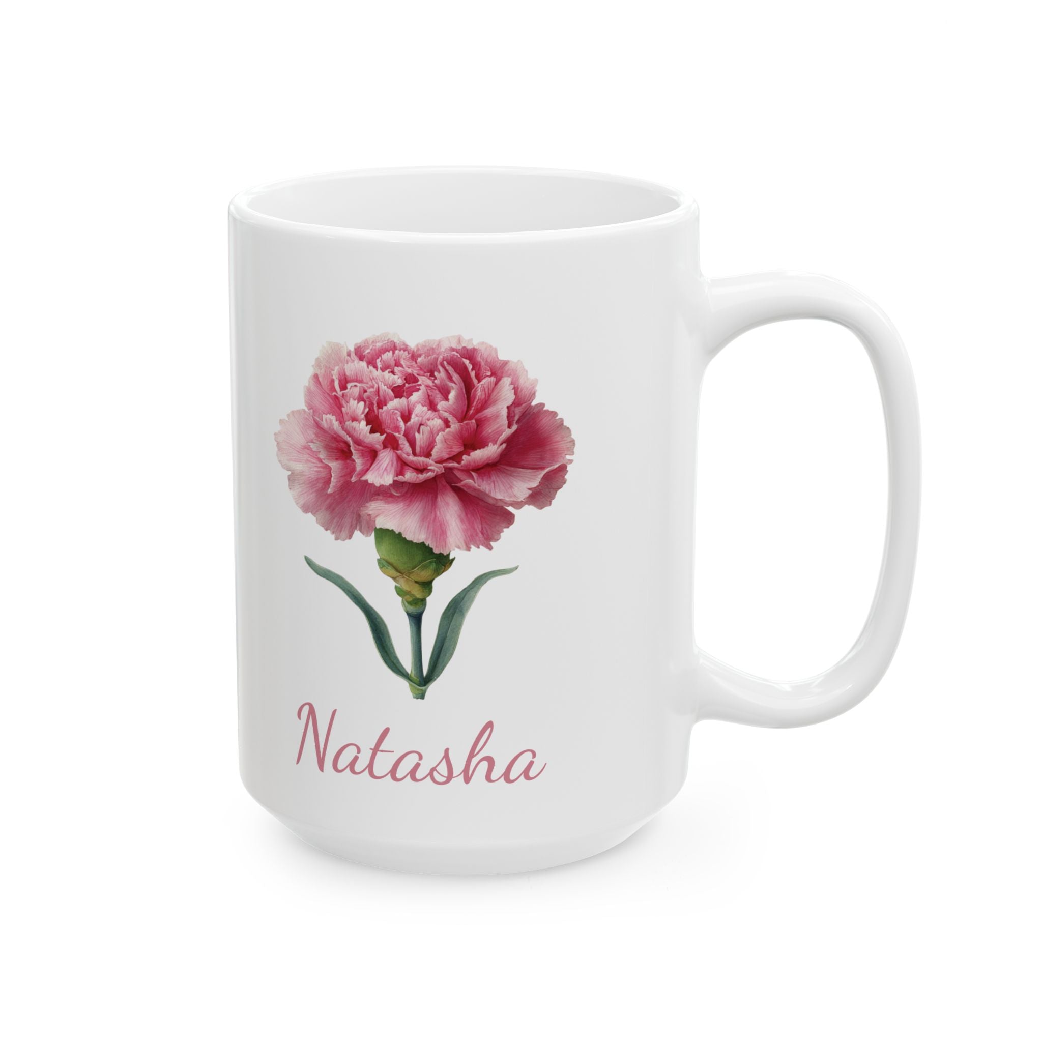 January carnation birth flower mug lifestyle shot showing name below bloom