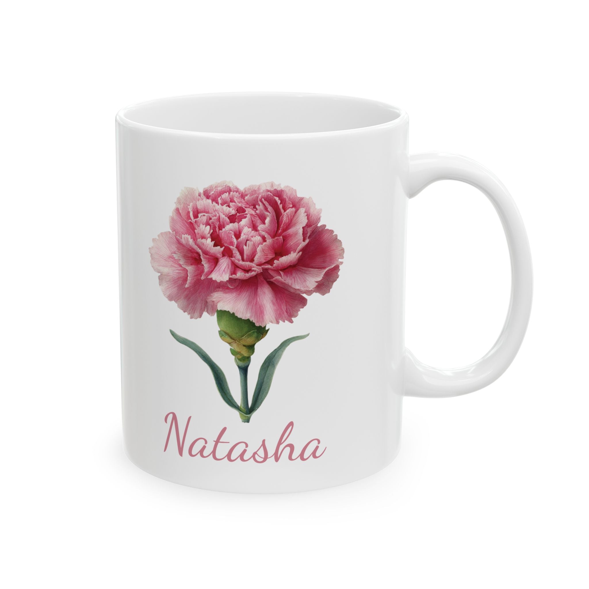 Personalized January birth flower mug — pink carnation watercolor on white ceramic