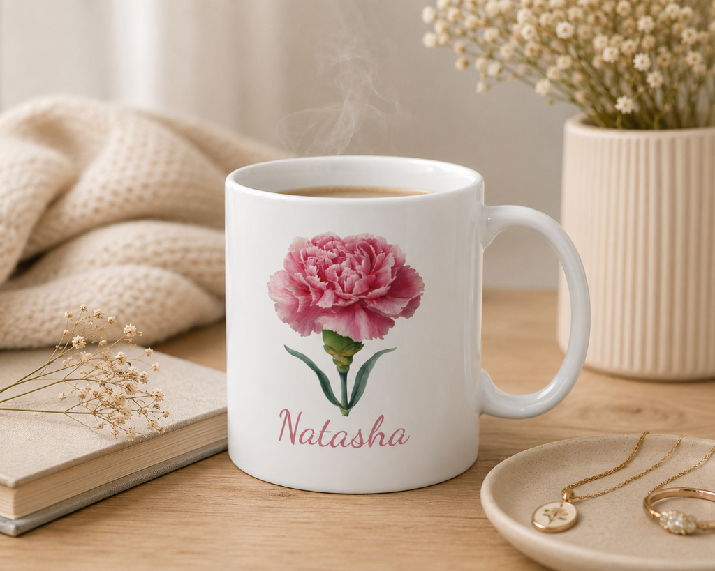 Personalized January carnation birth flower mug mockup view
