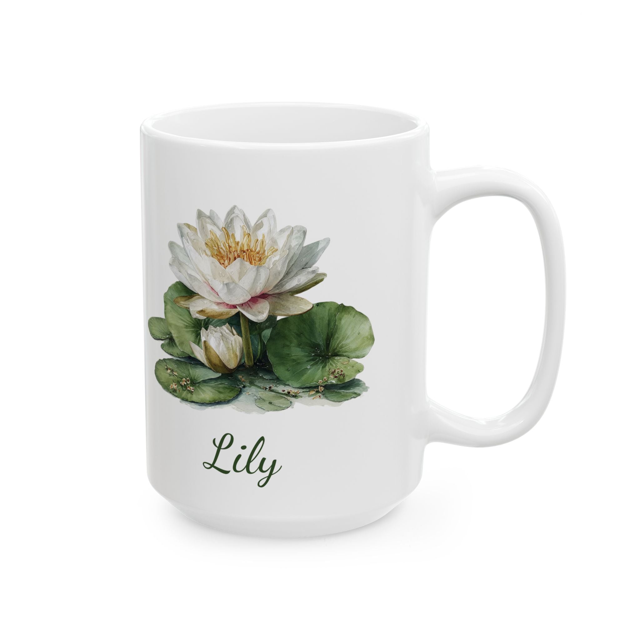 July water lily birth flower mug showing name in green script and serene bloom