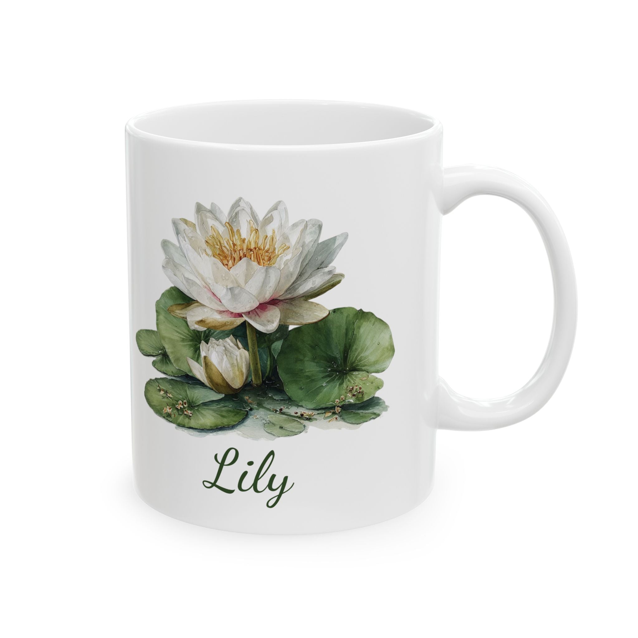 Personalized July birth flower mug — water lily watercolor with lily pads on white ceramic