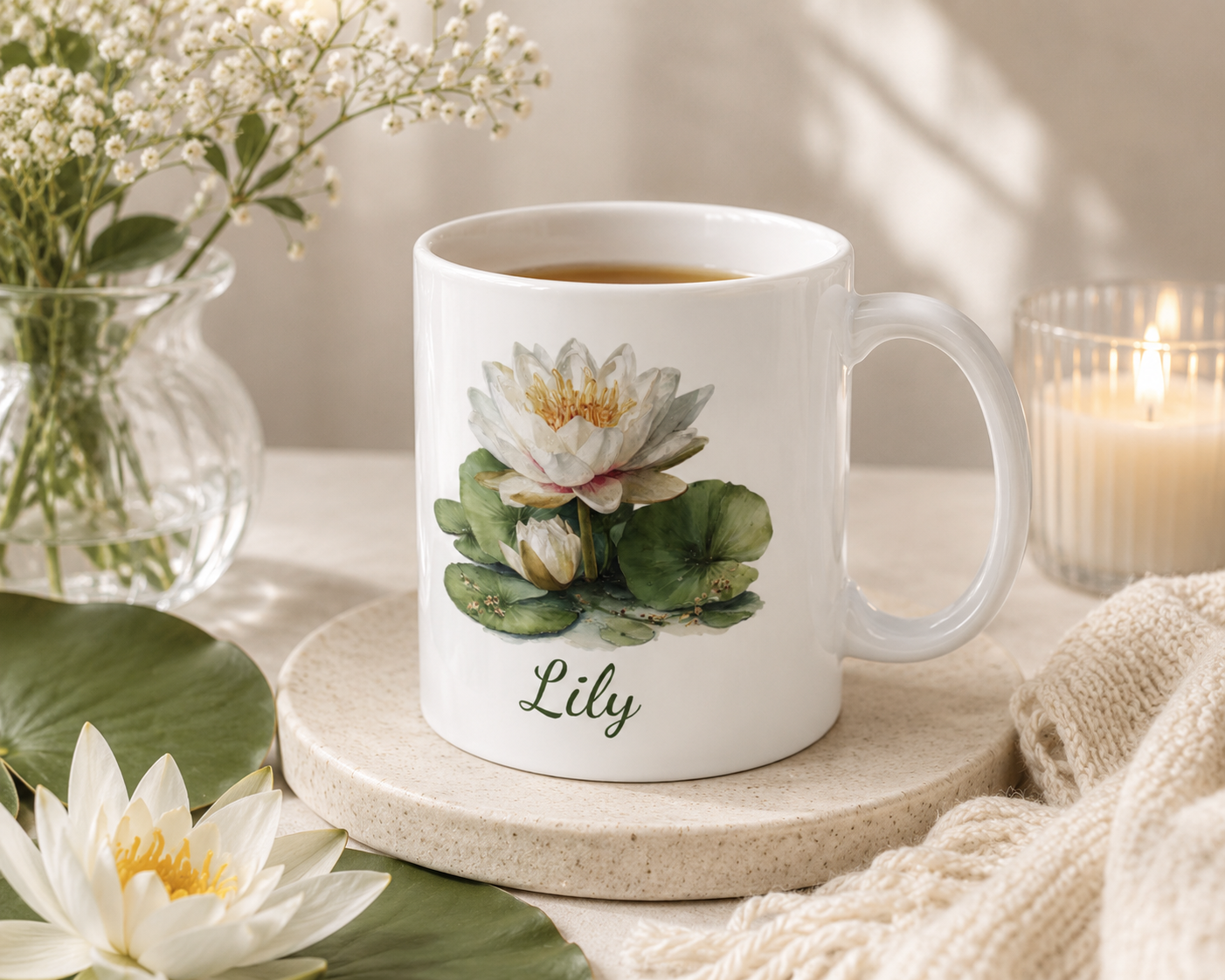 Personalized July water lily birth flower mug mockup view
