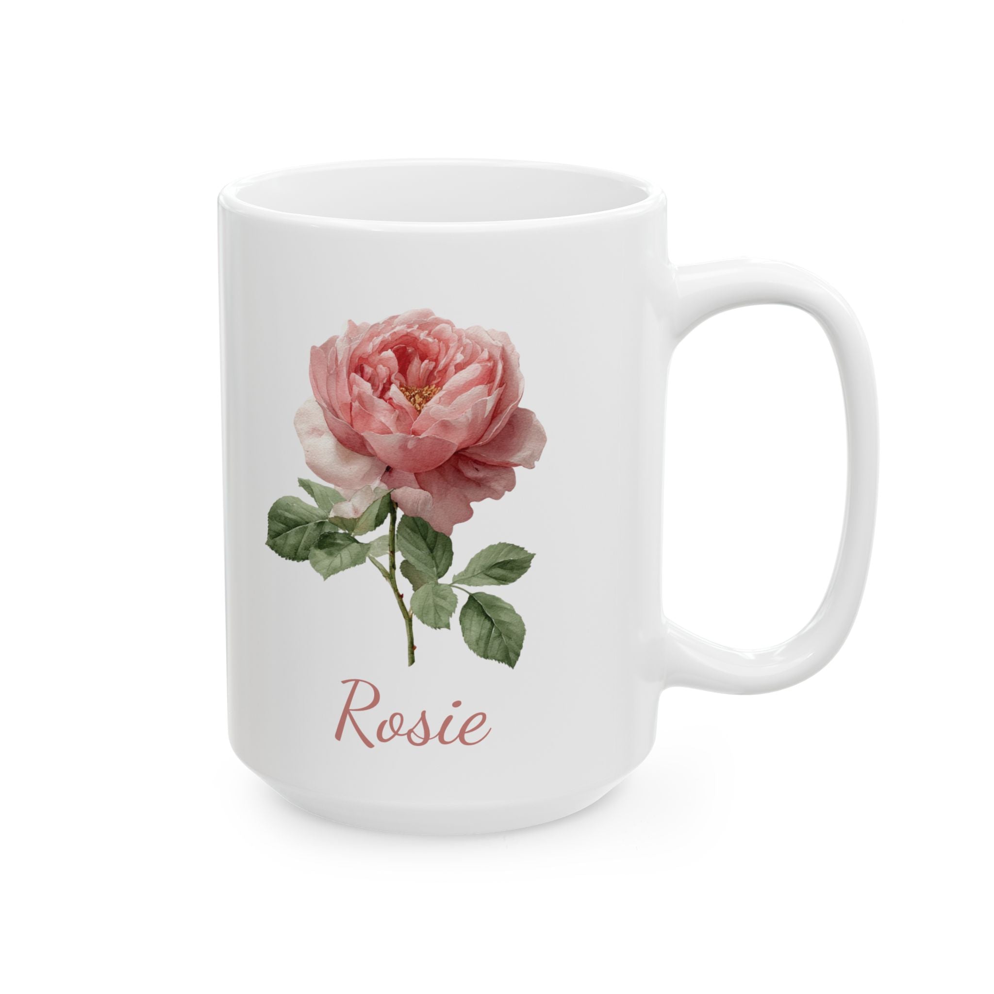 June rose birth flower mug showing full bloom and name in rose-pink script