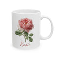 Personalized June birth flower mug — pink rose watercolor on white ceramic