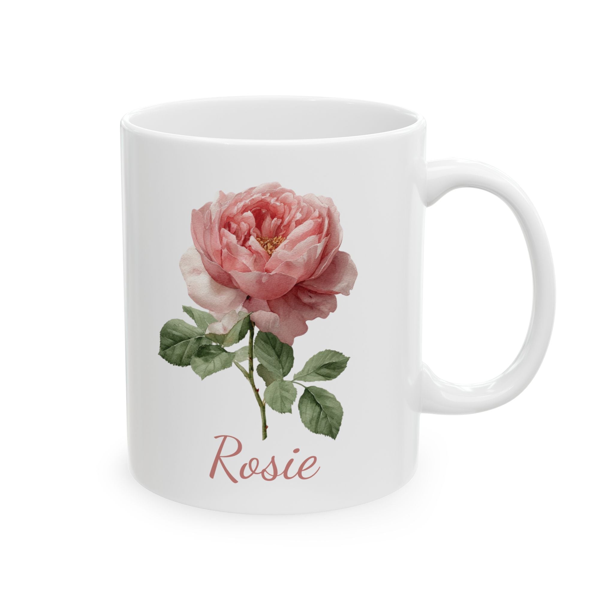 Personalized June birth flower mug — pink rose watercolor on white ceramic