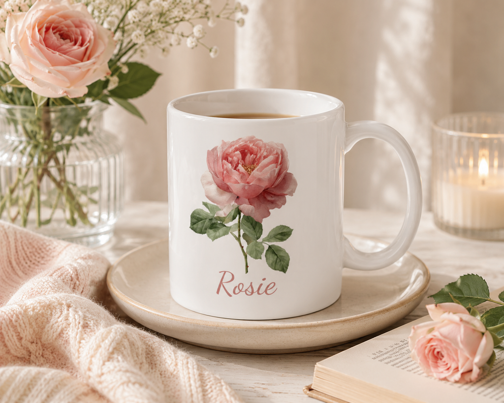 Personalized June rose birth flower mug mockup view