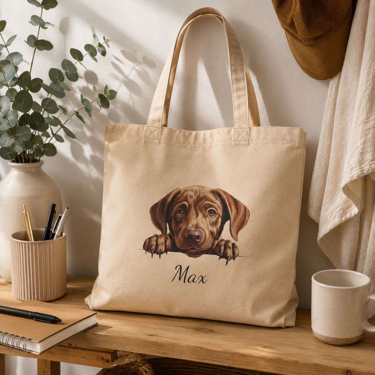 Close-up of Chocolate Labrador illustration and personalized name on tote