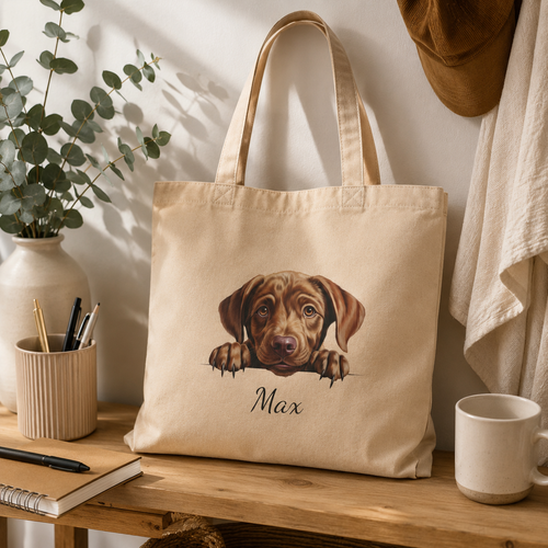 Close-up of Chocolate Labrador illustration and personalized name on tote