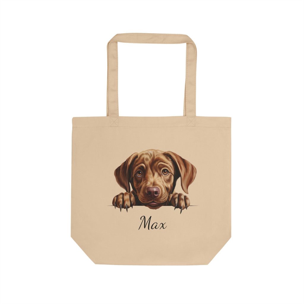 Personalized Chocolate Labrador peeking tote bag with custom dog name