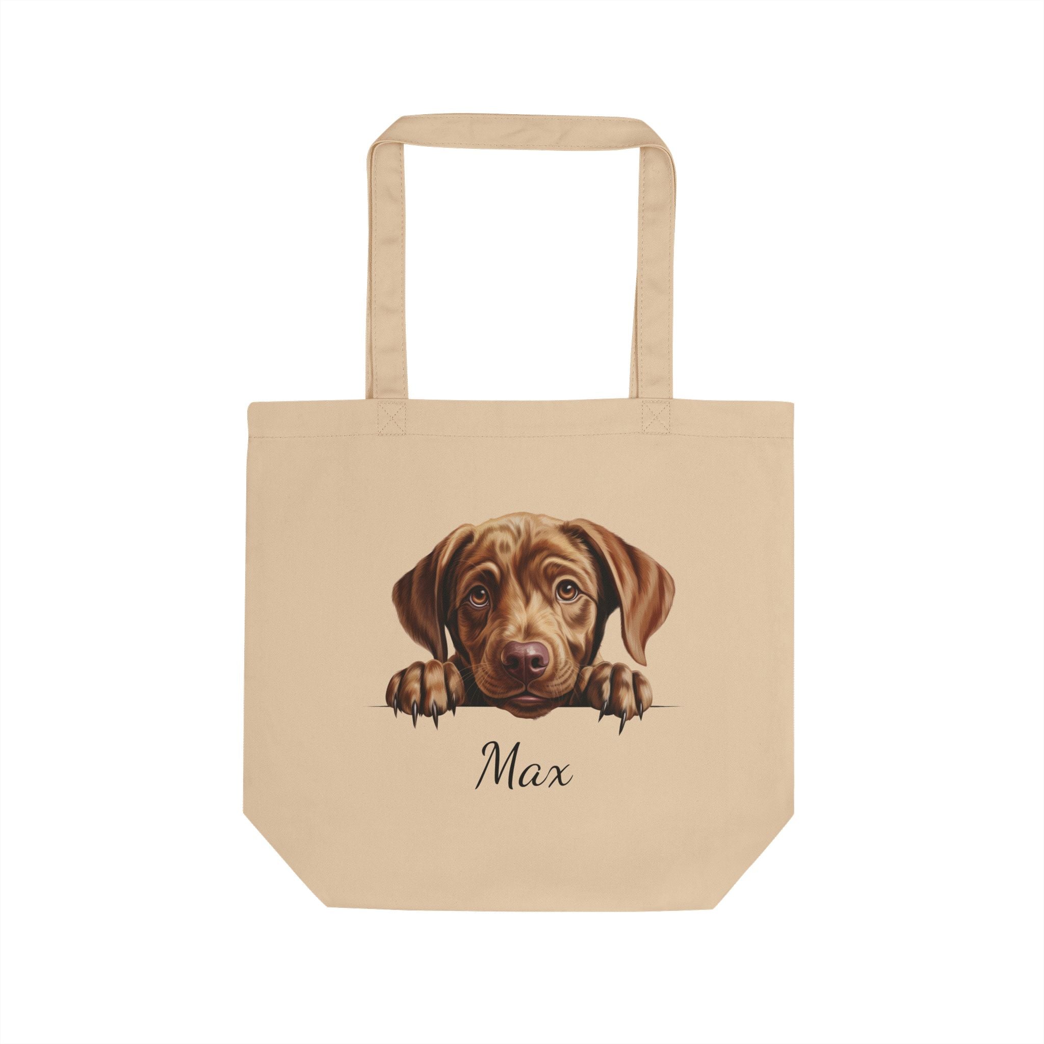 Personalized Chocolate Labrador peeking tote bag with custom dog name
