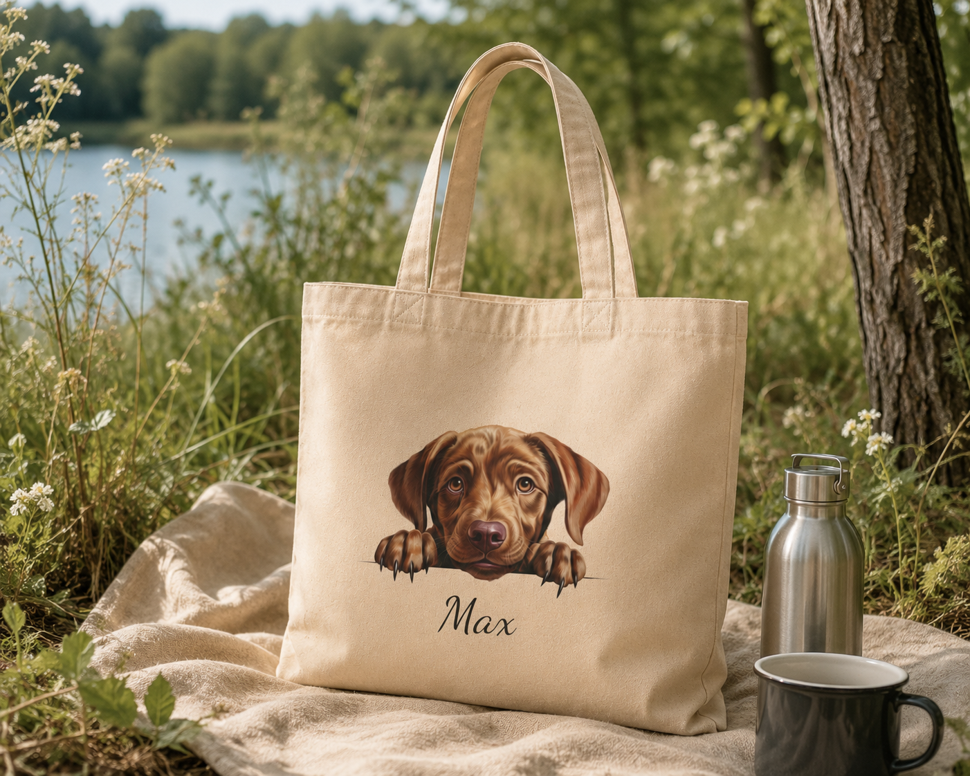 Chocolate Labrador tote bag size and dimensions reference