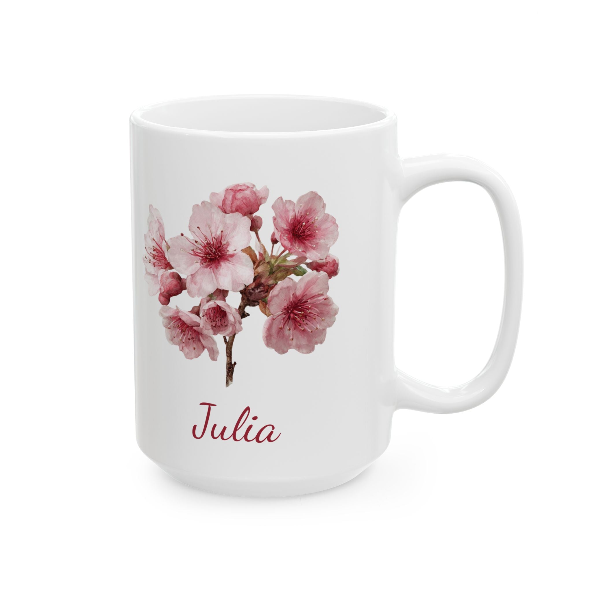 March cherry blossom birth flower mug showing blush pink blooms and name in red script
