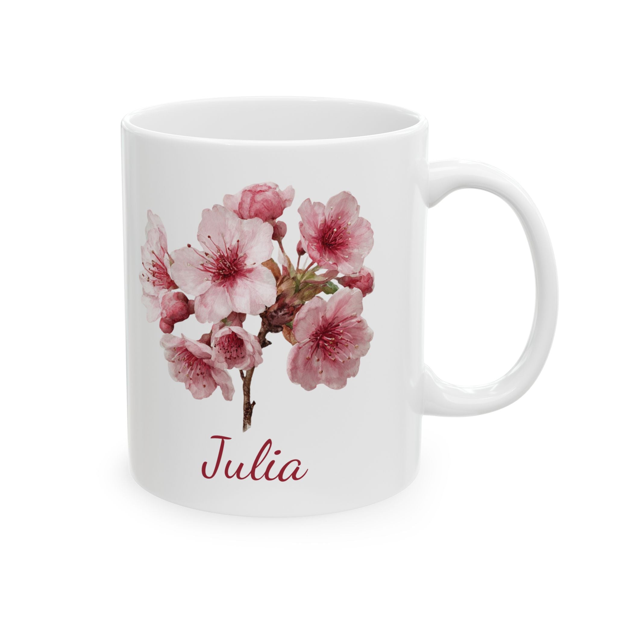 Personalized March birth flower mug — cherry blossom watercolor spray on white ceramic