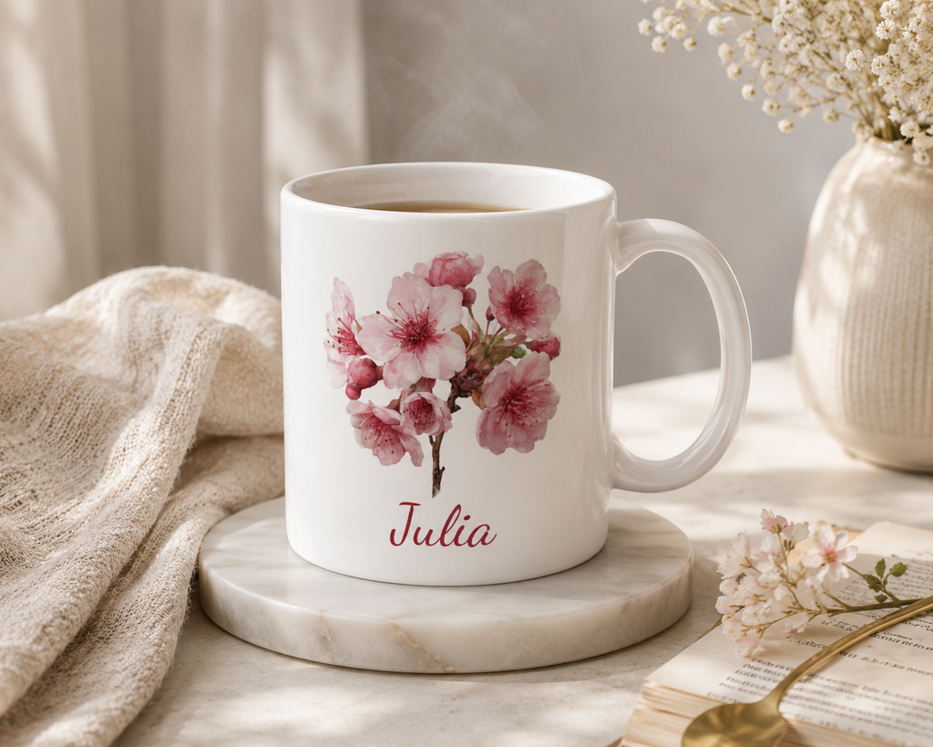Personalized March cherry blossom birth flower mug mockup view