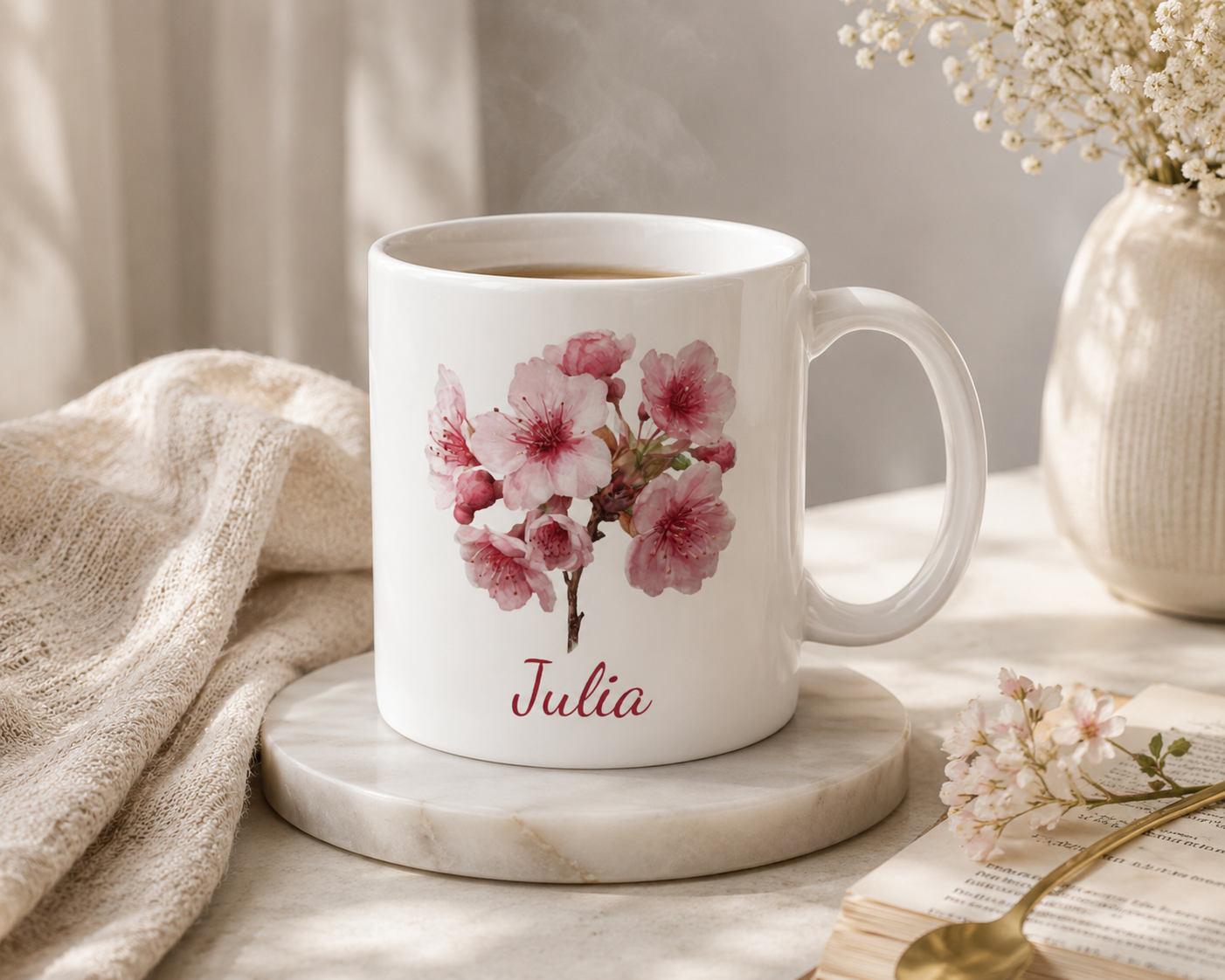 Personalized March cherry blossom birth flower mug mockup view