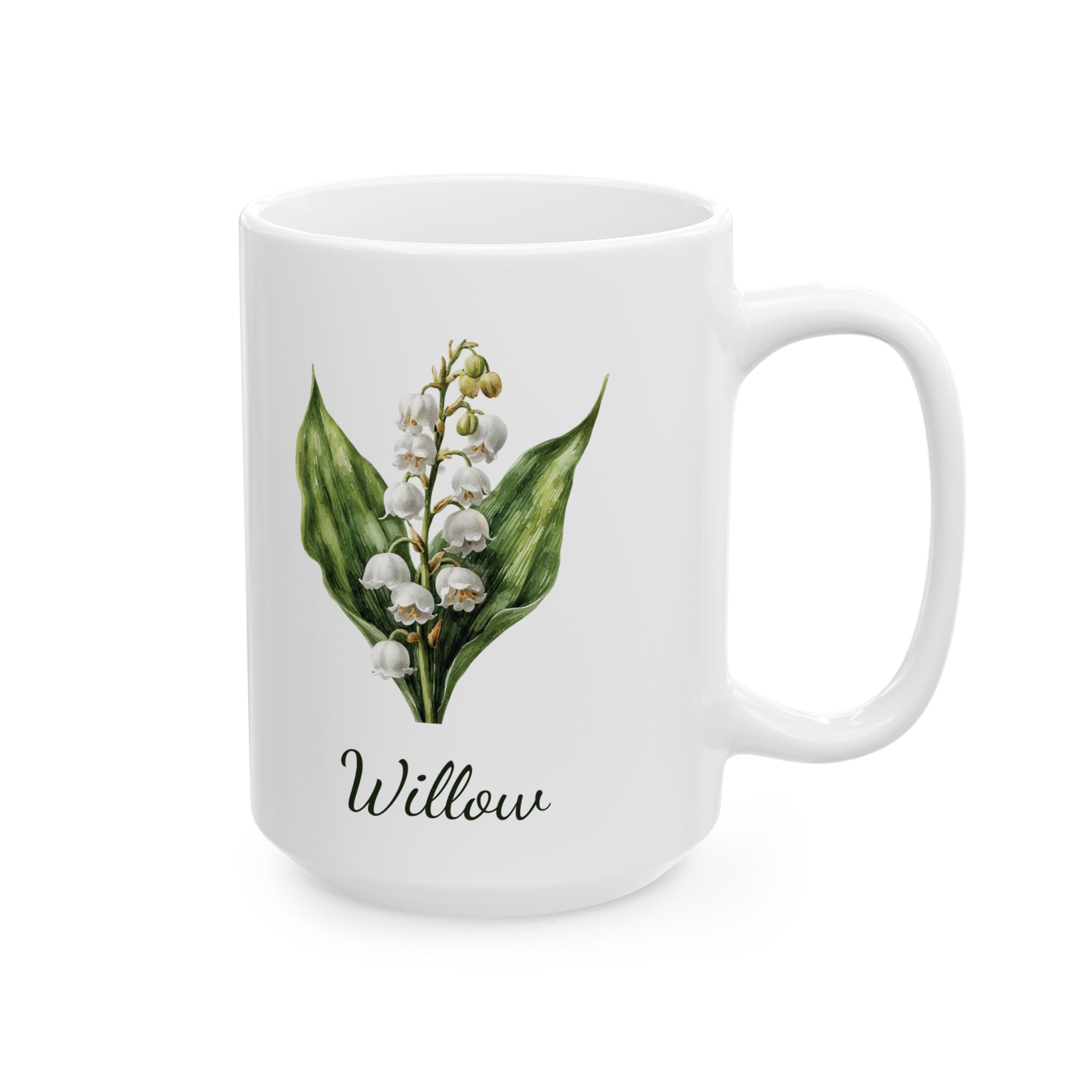 May lily of the valley mug showing name in black script and delicate bell blooms