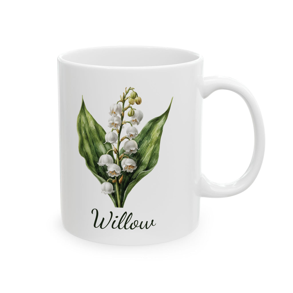 Personalized May birth flower mug — lily of the valley watercolor on white ceramic
