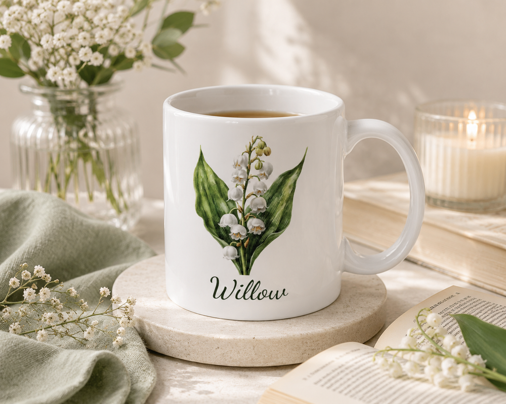 Personalized May lily of the valley birth flower mug mockup view