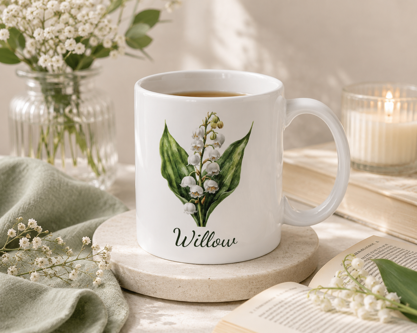 Personalized May lily of the valley birth flower mug mockup view