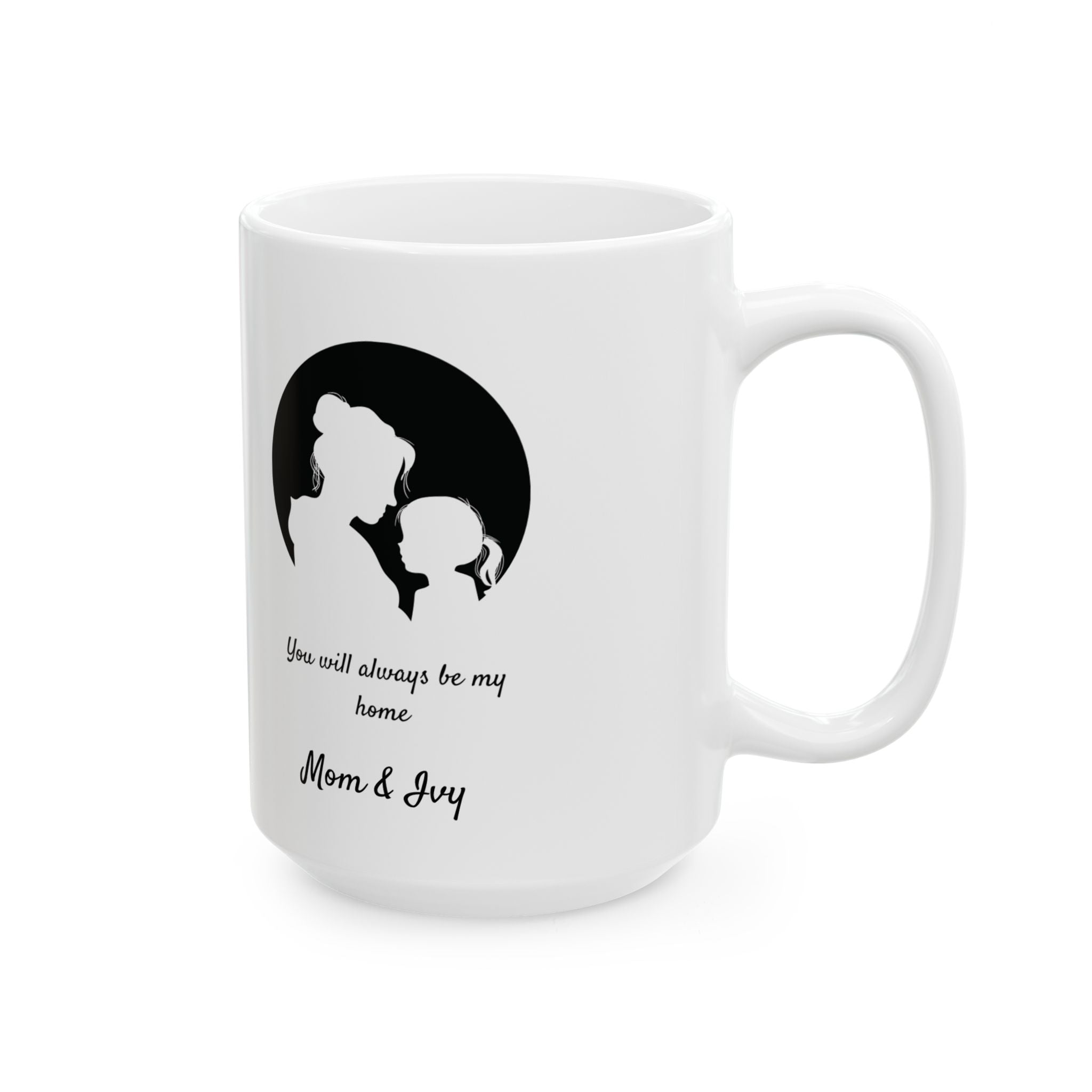 Mother child mug lifestyle shot showing script names and 'You will always be my home' message