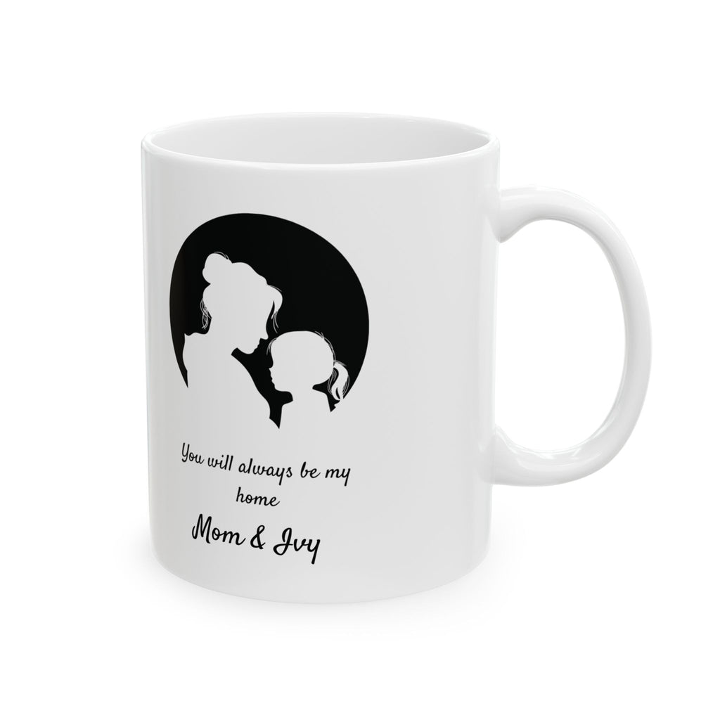 Personalized mother and child silhouette mug — main shot showing bold black circle design
