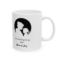 Personalized mother and child silhouette mug — main shot showing bold black circle design