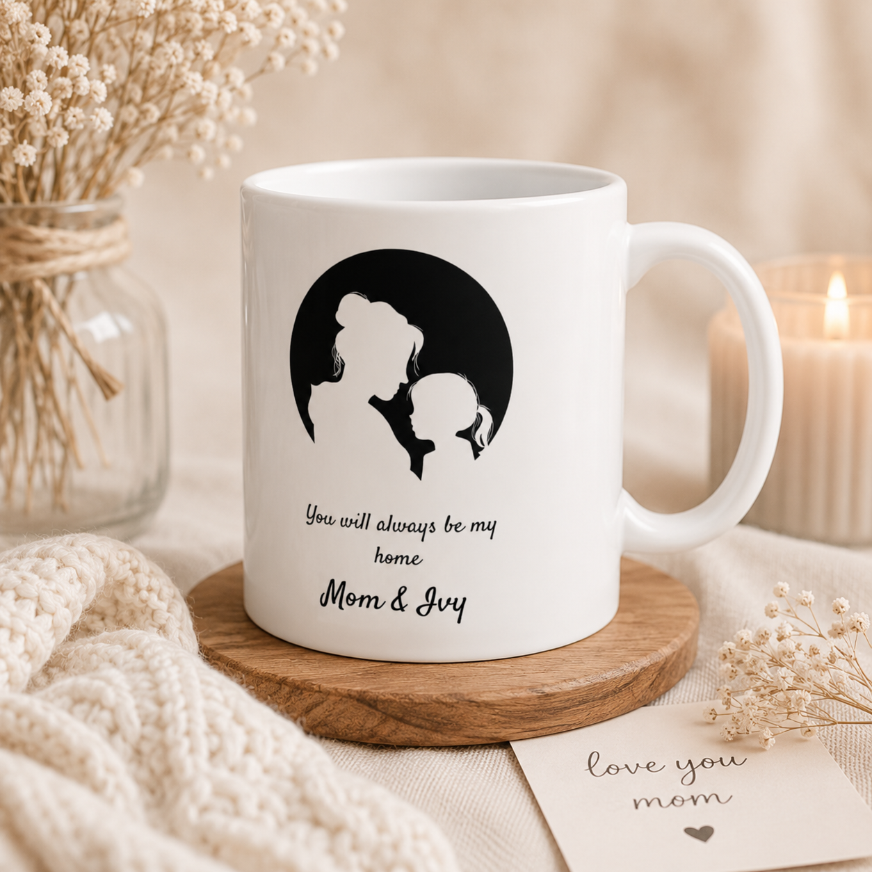 Personalized mother child silhouette mug mockup view