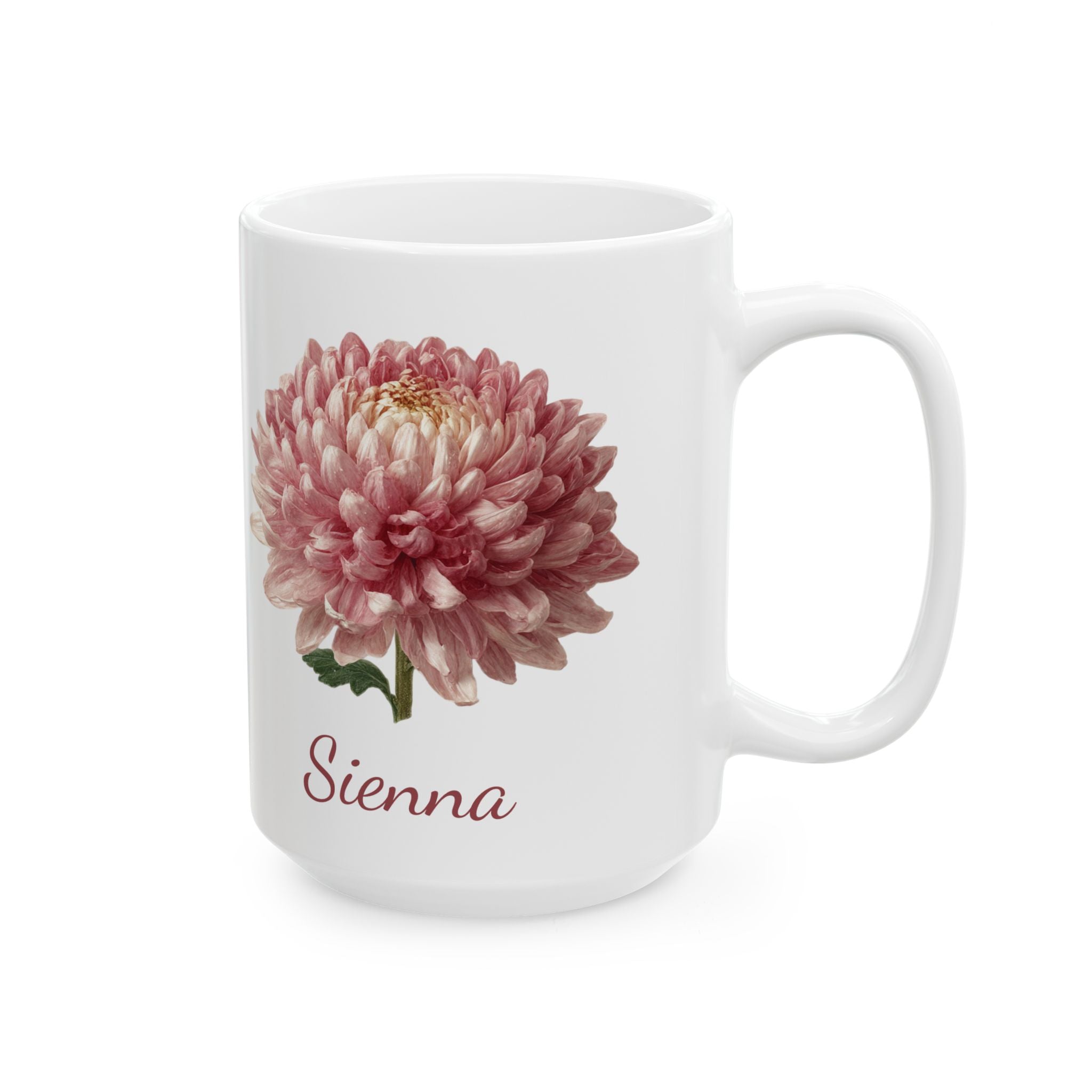 November chrysanthemum birth flower mug showing name in crimson script and full bloom