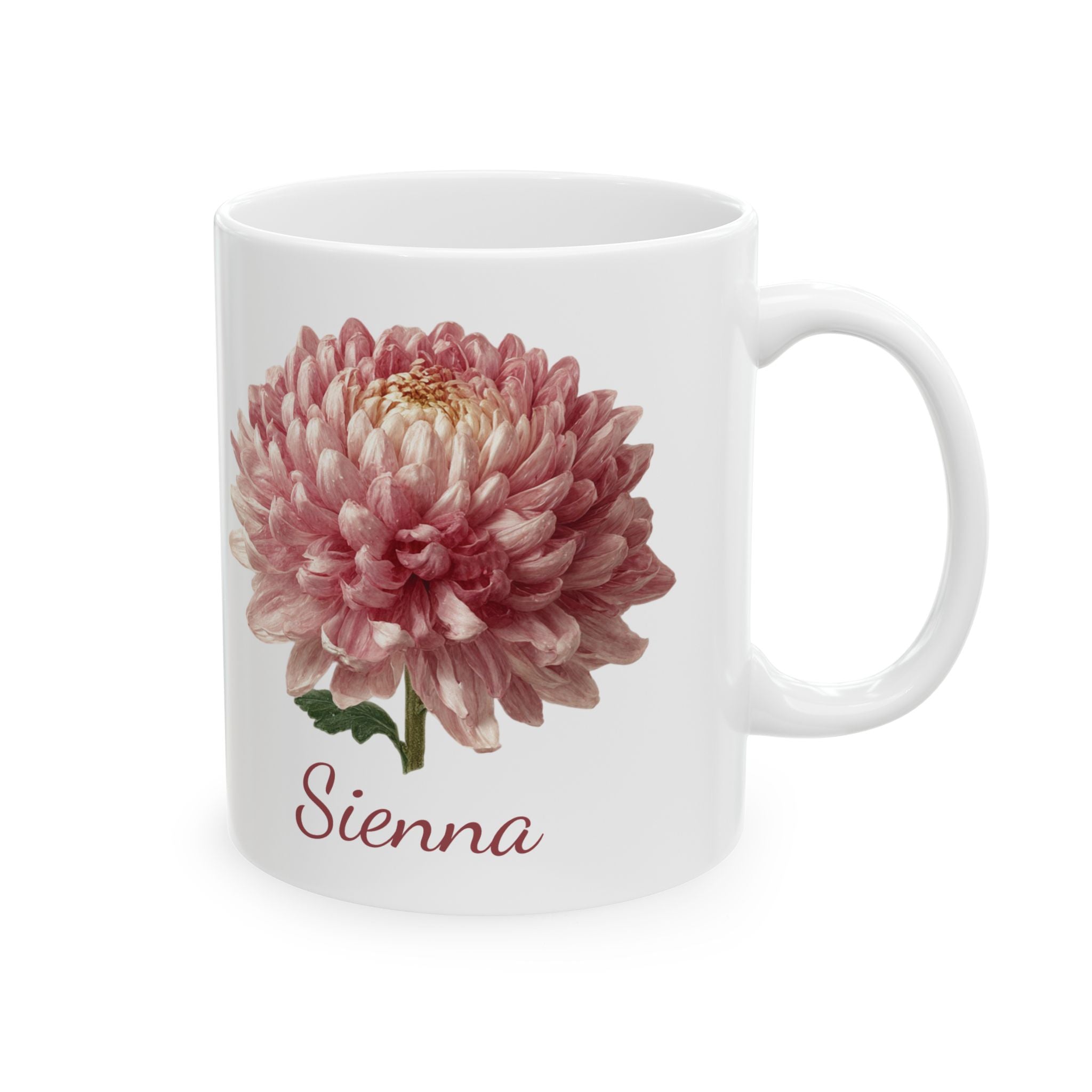 Personalized November birth flower mug — dusty pink chrysanthemum watercolor on white ceramic