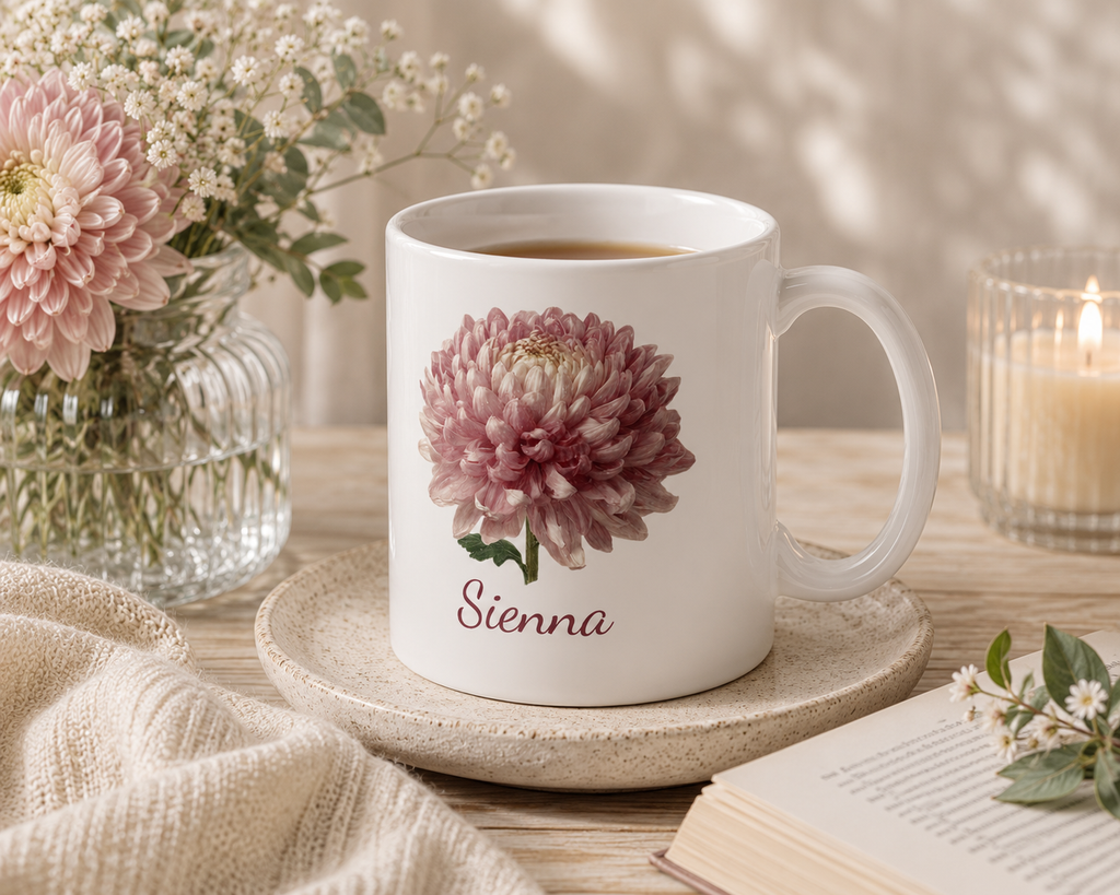 Personalized November chrysanthemum birth flower mug mockup view
