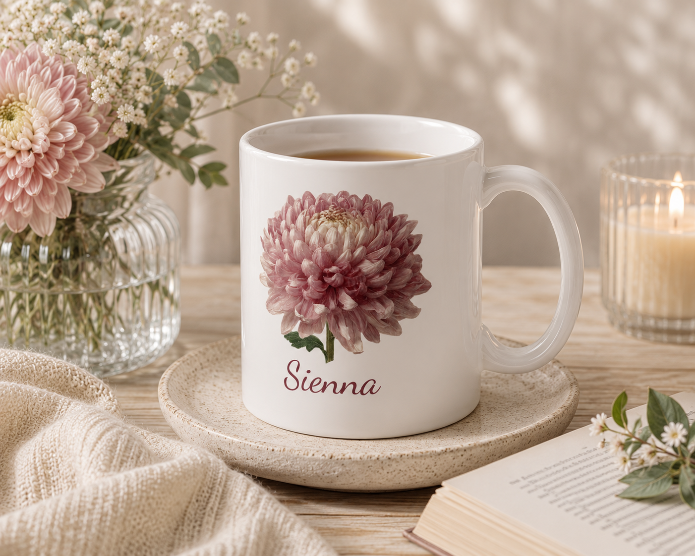Personalized November chrysanthemum birth flower mug mockup view