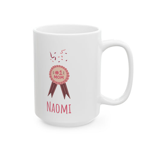 #1 Mom mug lifestyle shot showing pink confetti and name detail