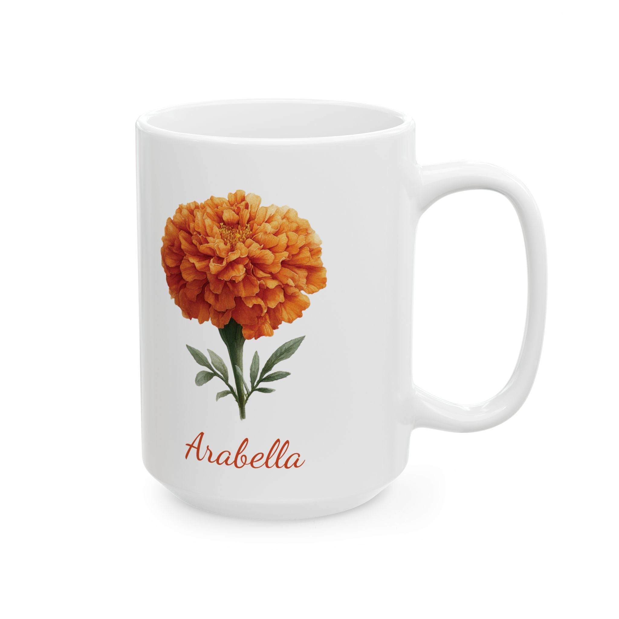October marigold birth flower mug showing name in terracotta script and vibrant bloom