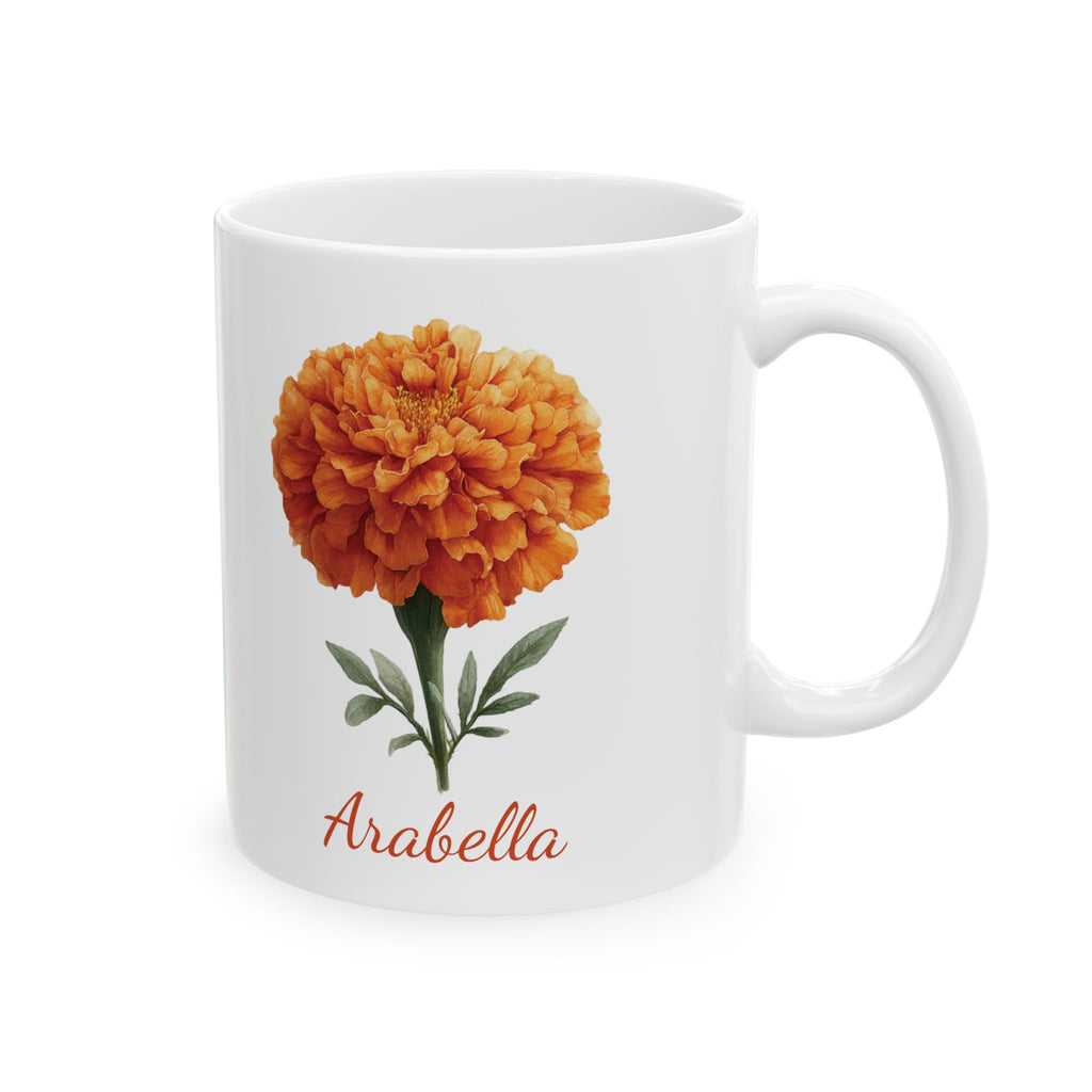 Personalized October birth flower mug — orange marigold watercolor on white ceramic