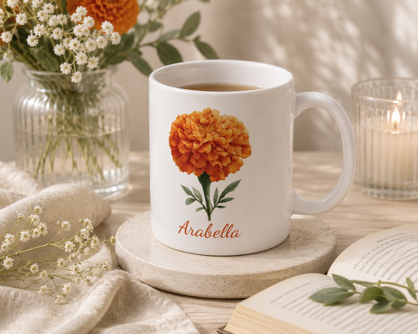 Personalized October marigold birth flower mug mockup view