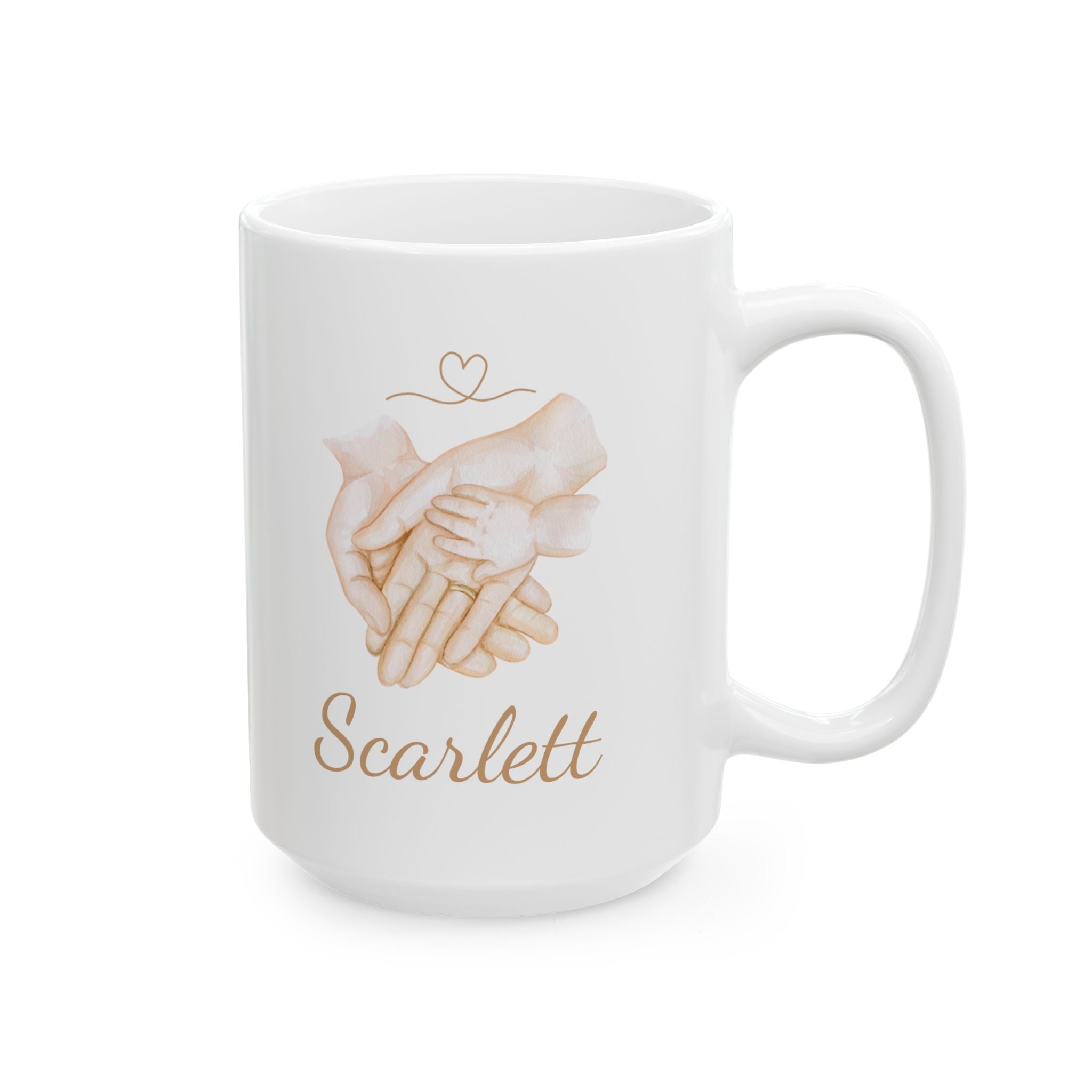 Baby hands mug lifestyle shot showing warm tones and golden script name