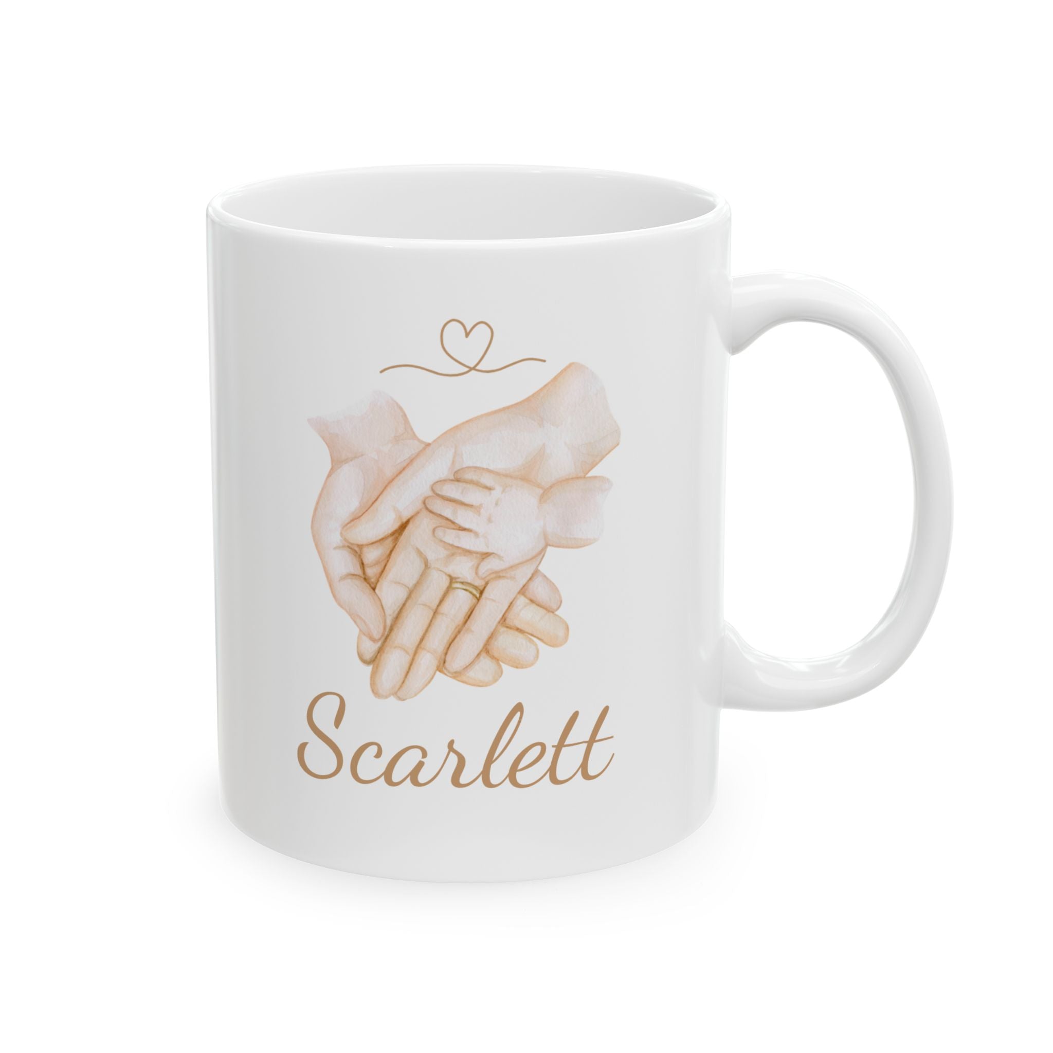 Personalized parent and baby hands mug — main product shot showing tender hands illustration
