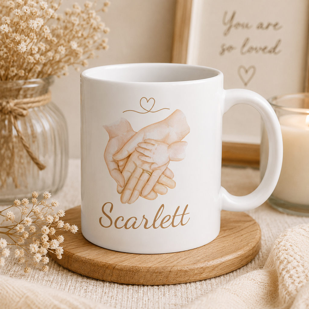 Personalized parent baby hands mug mockup view