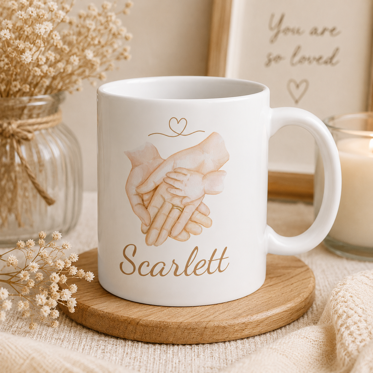 Personalized parent baby hands mug mockup view