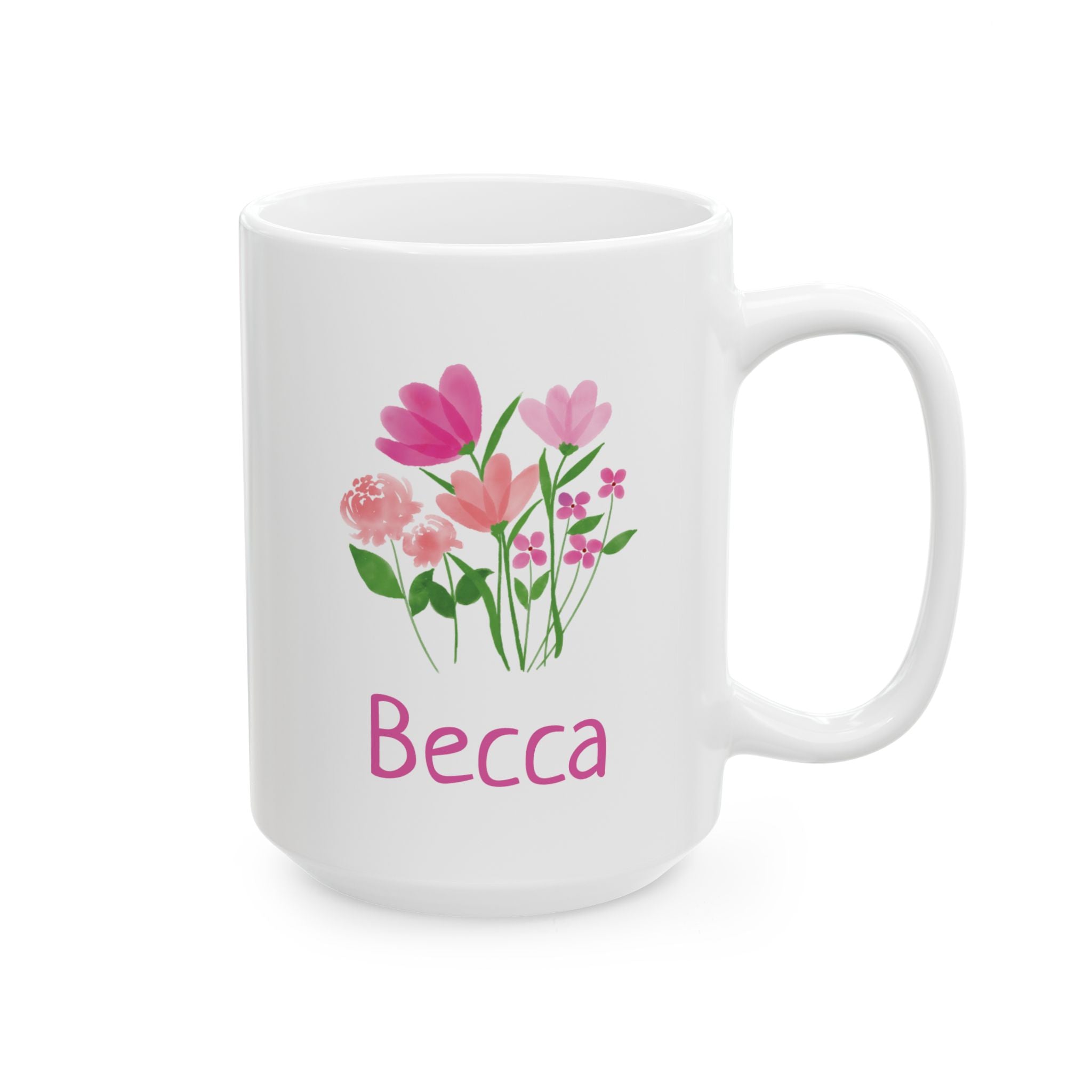 Pink floral name mug lifestyle shot showing handle and design detail