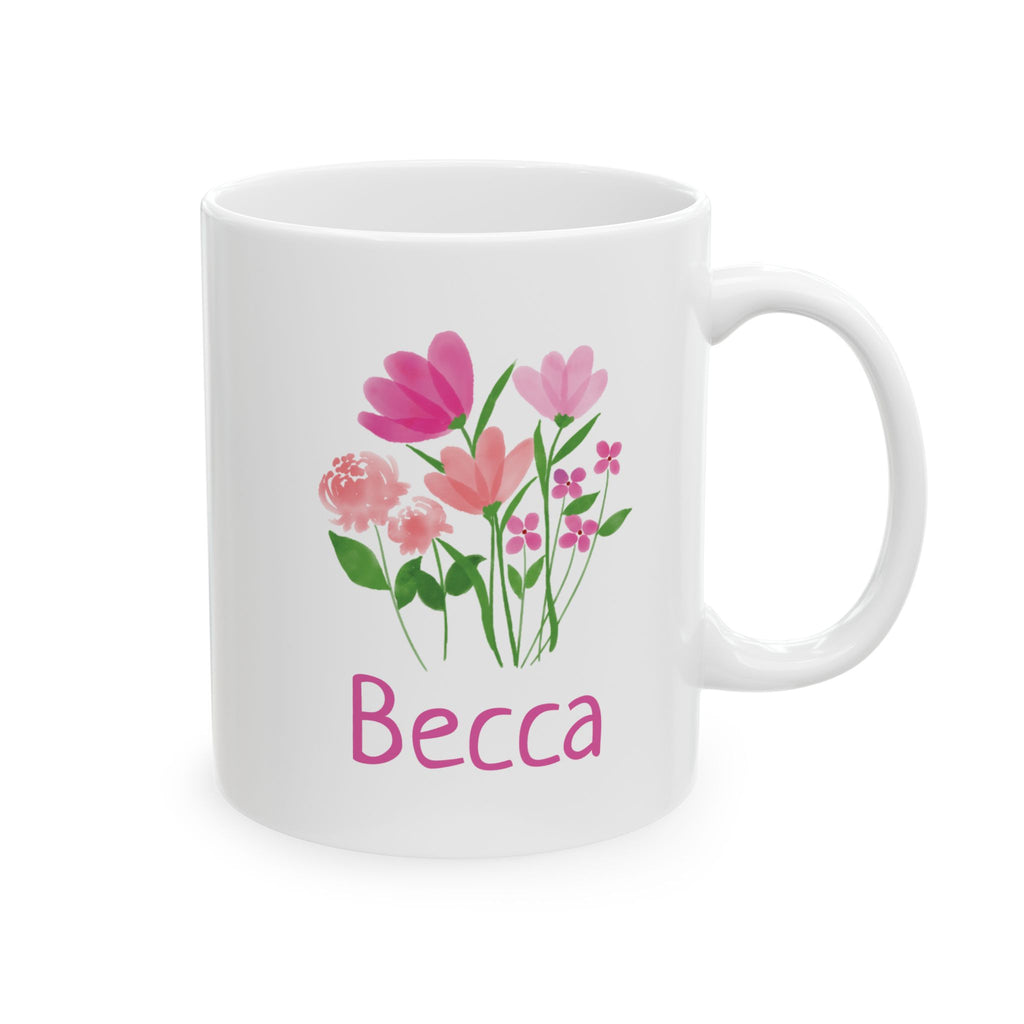Personalized pink floral bouquet mug — main white background product shot