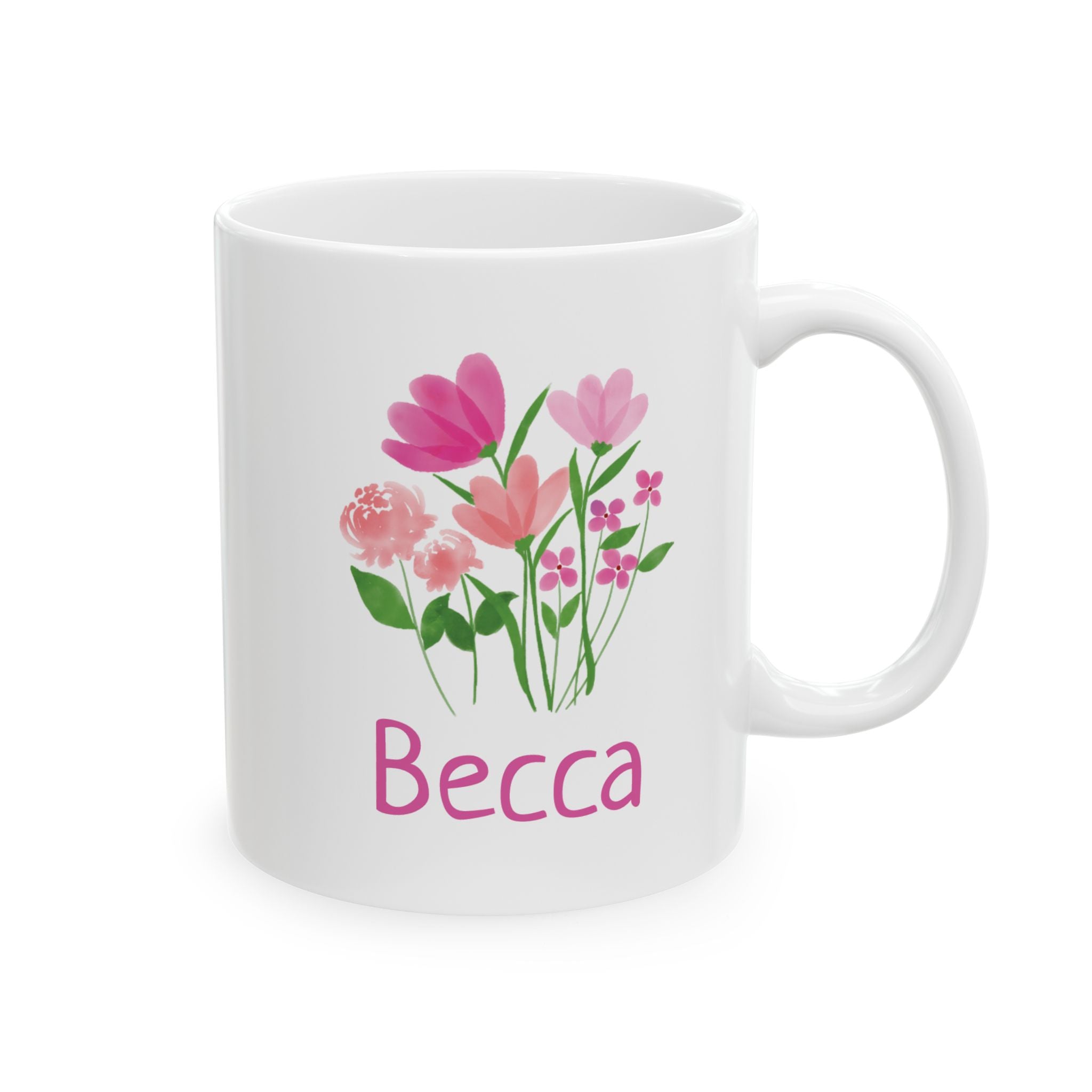 Personalized pink floral bouquet mug — main white background product shot
