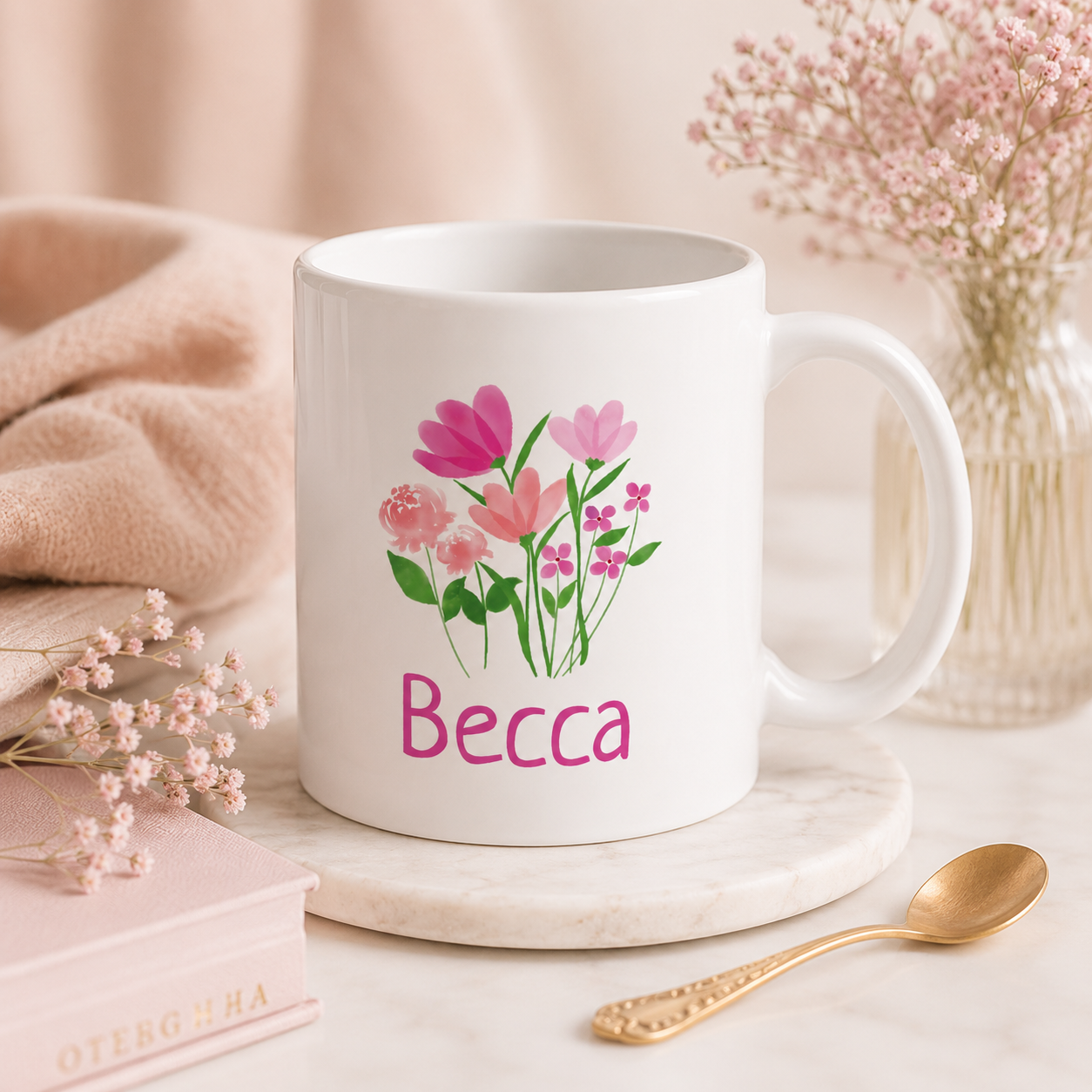 Personalized pink floral mug size and mockup view