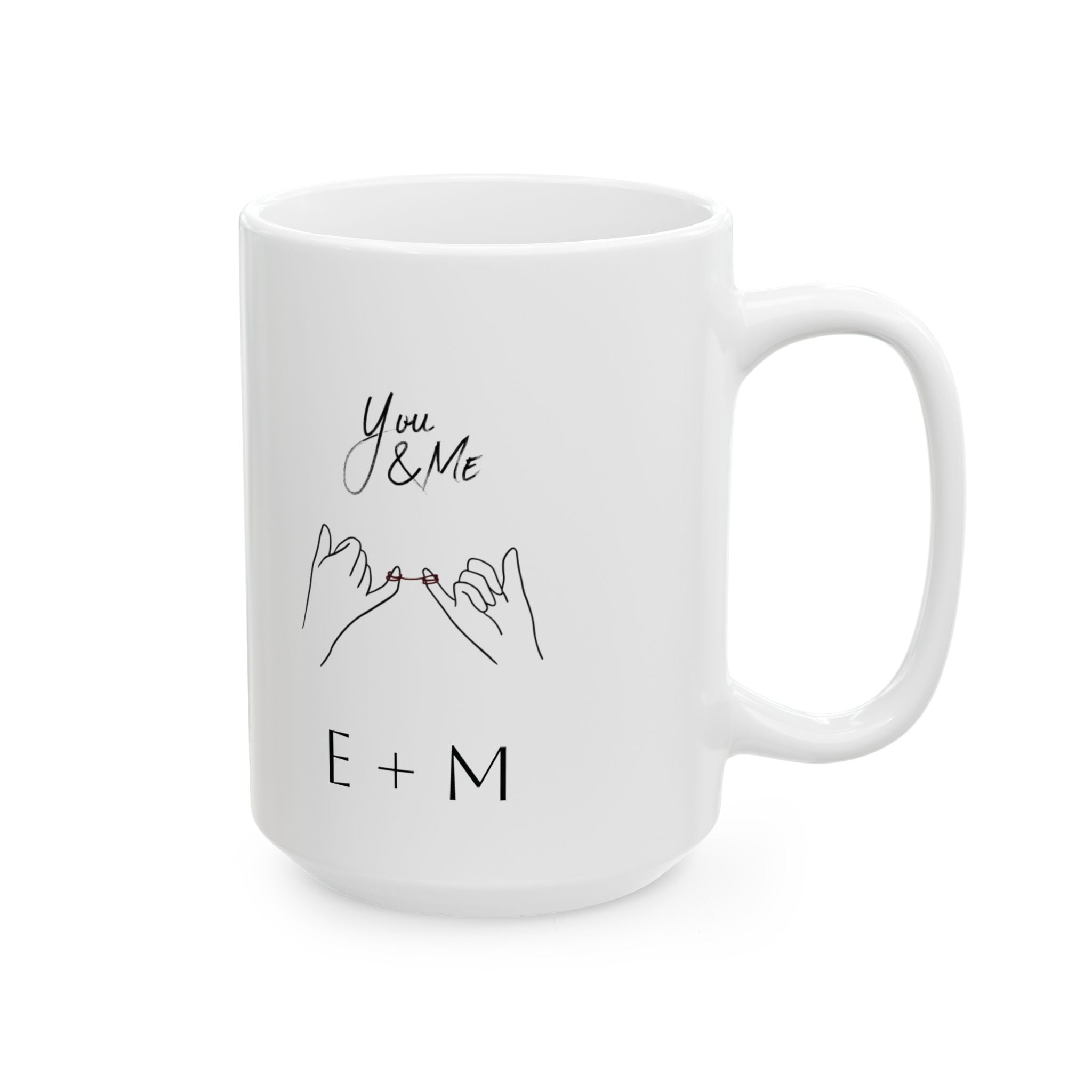 Pinky promise mug lifestyle shot showing initials and delicate hand illustration