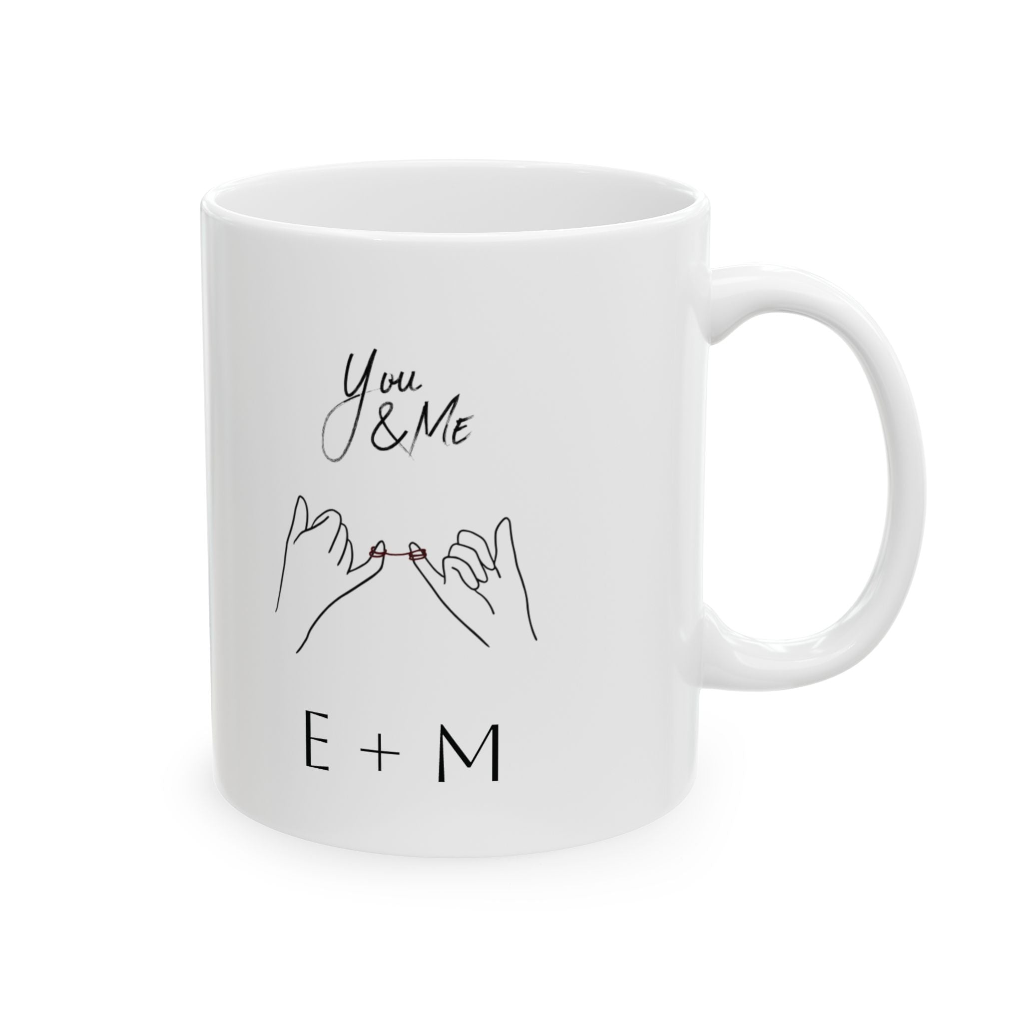 Personalized pinky promise couples mug — main shot showing 'You & Me' line art design
