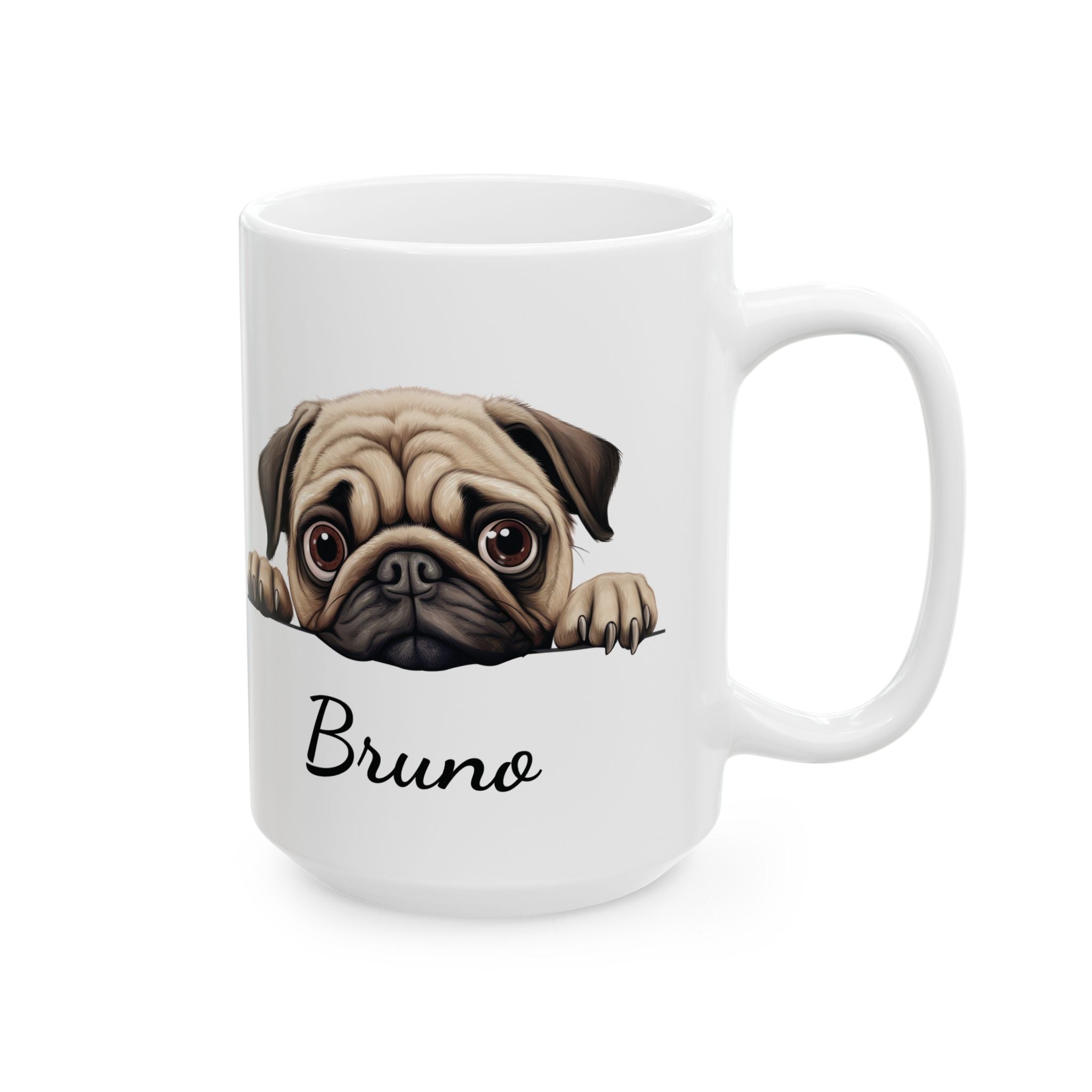 Pug dog mug lifestyle shot showing name and wrinkly pug face detail